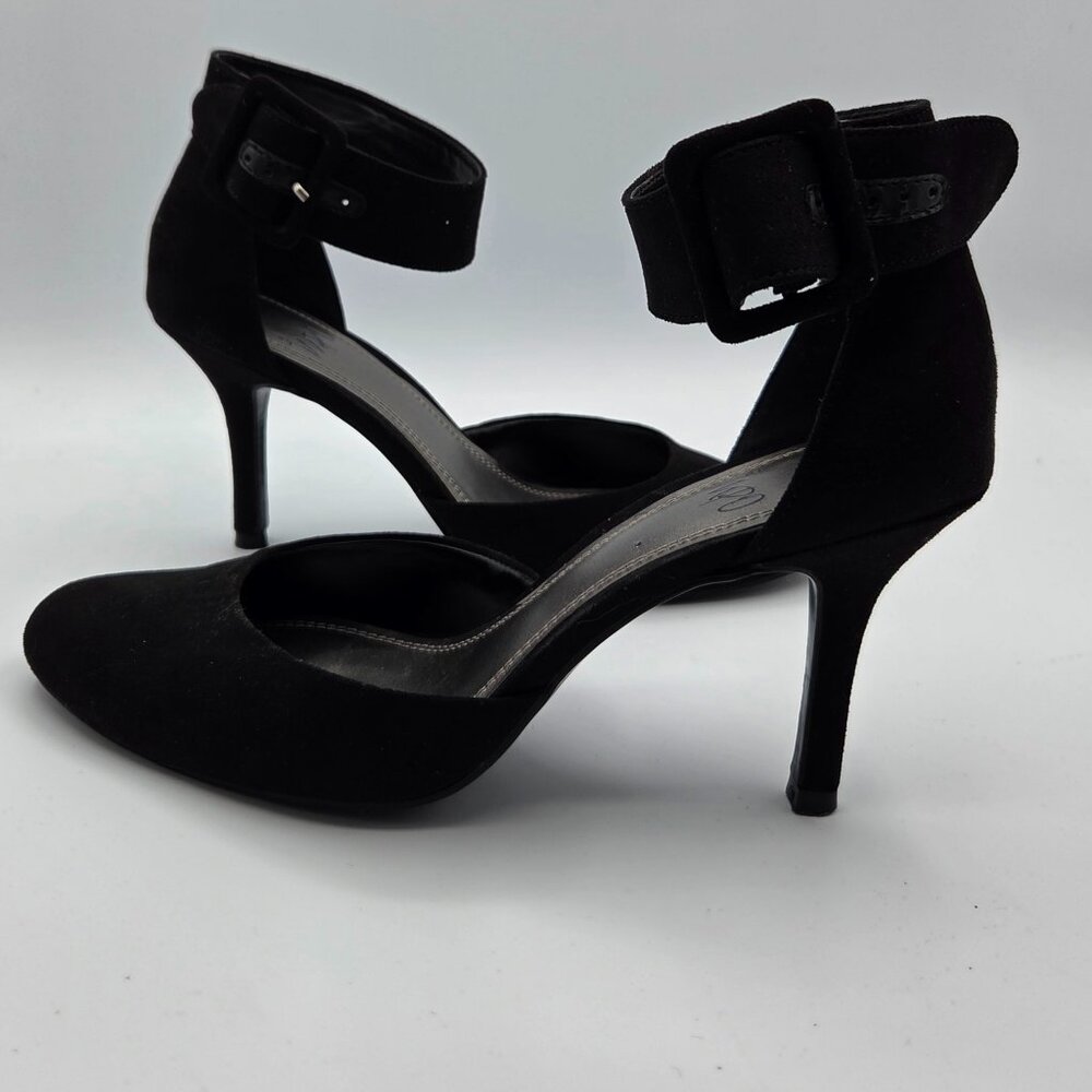 IMPO Shoes Womens Size 7.5 M Black Faux Suede Heels Ankle Strap‎ Pointed Toe